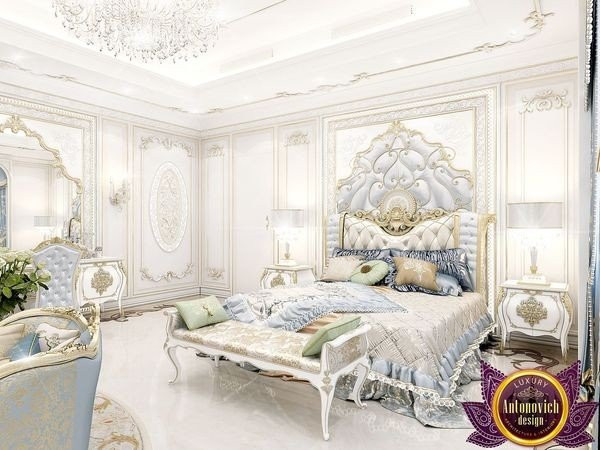 Stunning royal-style bedroom with ornate chandelier
