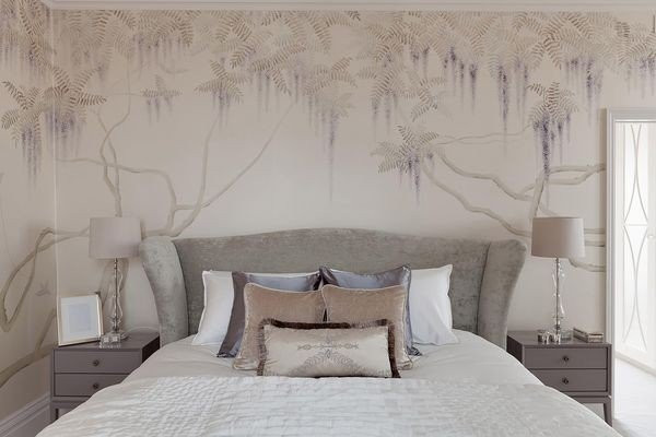 Elegant De Gournay floral wallpaper in a living room