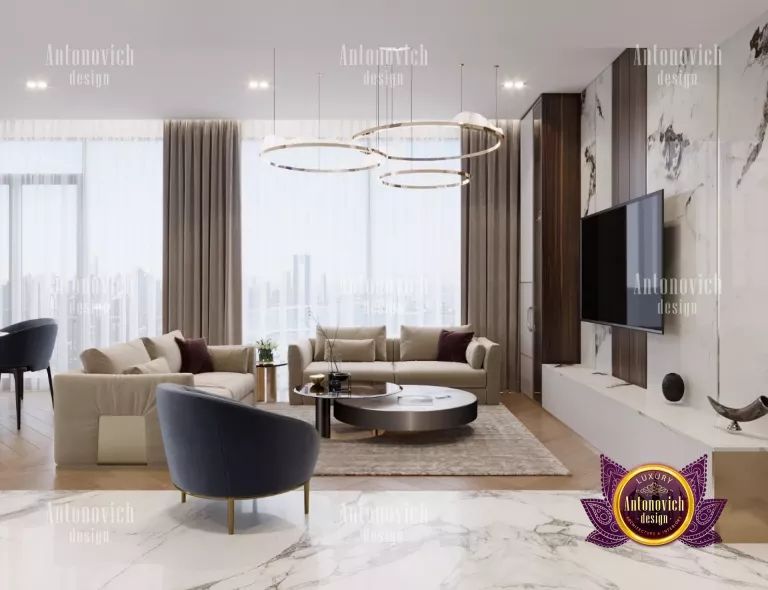 Elegant living room with floor-to-ceiling windows in Dubai Blue Waters
