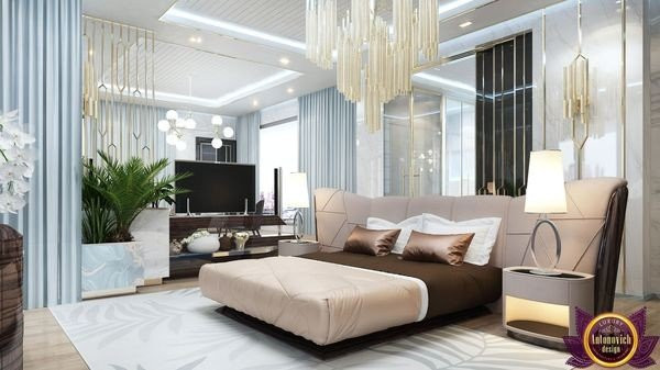 Modern master bedroom with sleek furniture and minimalist design
