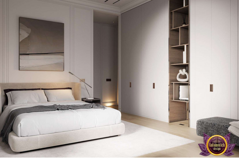 Stylish Dubai bedroom with plush bedding and modern chandelier