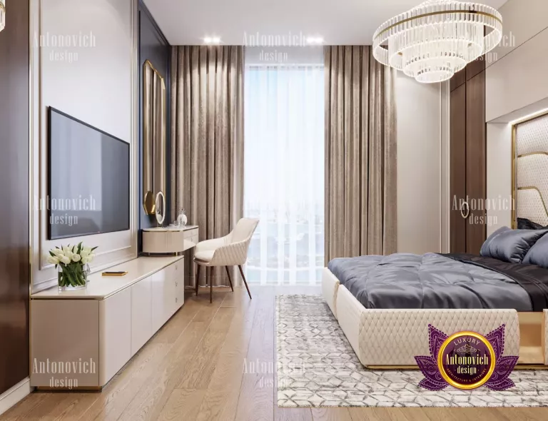 Elegant bedroom design featuring plush bedding and sophisticated decor