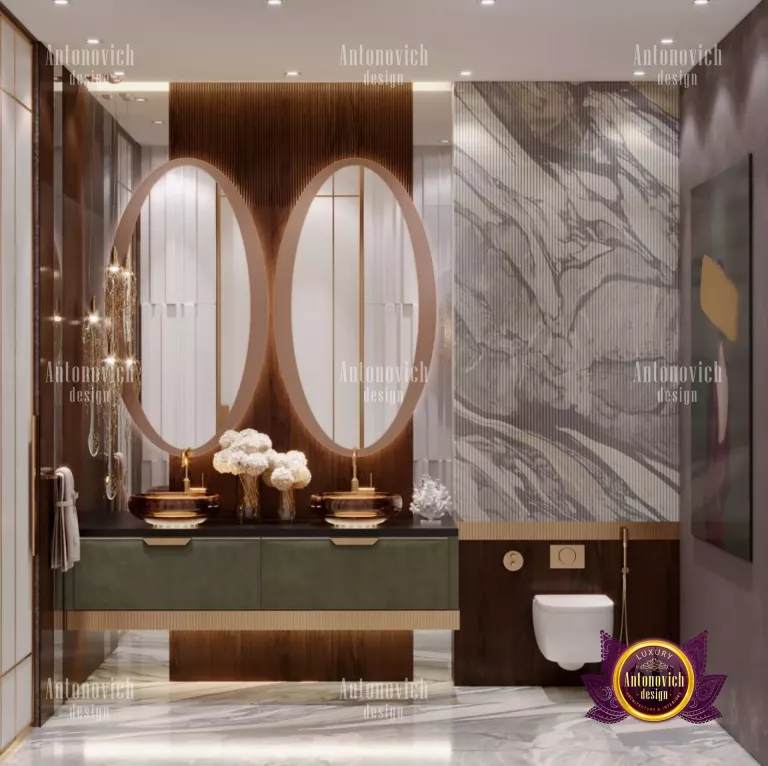 Elegant bathroom design with marble countertops and gold accents in Dubai