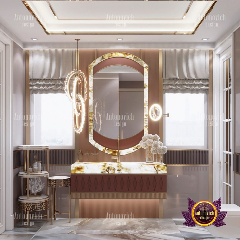 Sophisticated marble bathroom with gold accents and opulent lighting