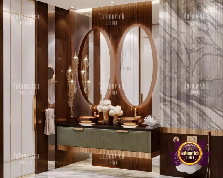 Modern and stylish Dubai bathroom featuring a freestanding bathtub and unique lighting