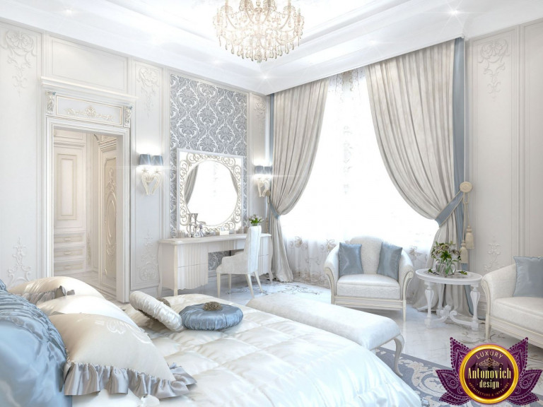 Opulent bedroom with plush bedding and chandelier