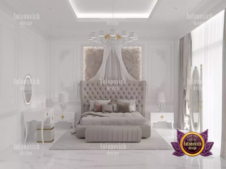 Sophisticated bedroom design featuring a stunning chandelier in a Dubai home