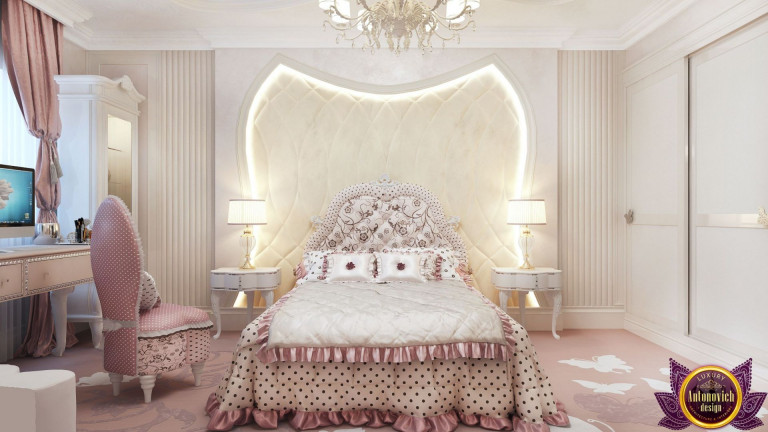 Elegant pink and white girls' bedroom with canopy bed