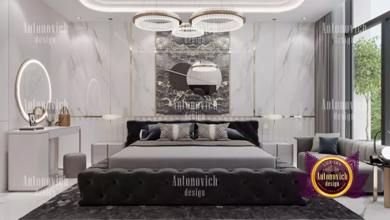Elegant master bedroom design featuring a cozy seating area
