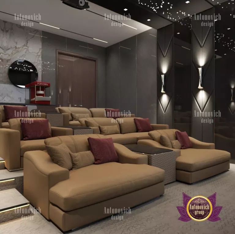 Cozy home theater setup with comfortable seating and ambient lighting