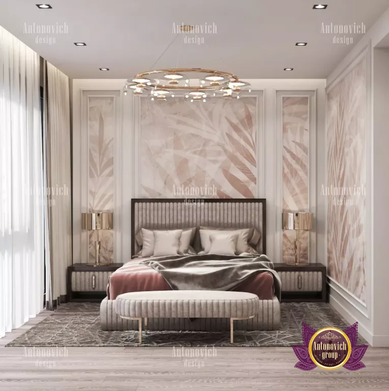 Opulent bedroom with plush bedding and elegant chandelier