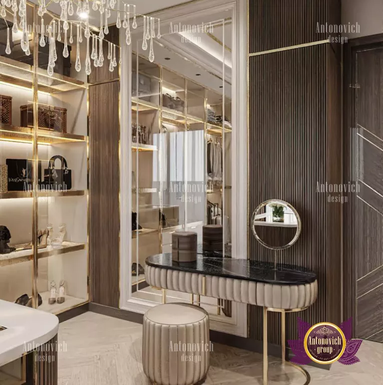Luxurious walk-in closet with elegant lighting and ample storage