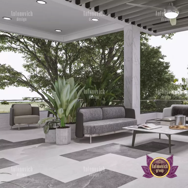 Elegant Dubai veranda with stylish furniture and lush greenery