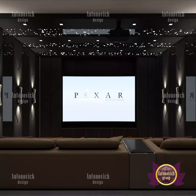 Modern home theater design featuring a large screen and sleek furniture