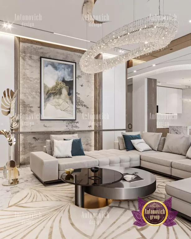 Elegant chandelier illuminating a lavish living room