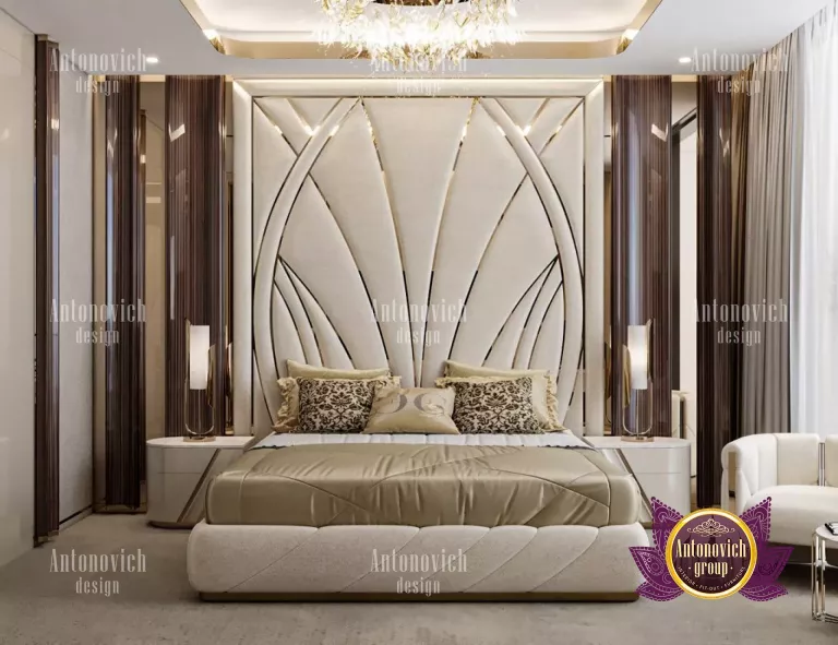 Modern luxury bedroom featuring a statement chandelier