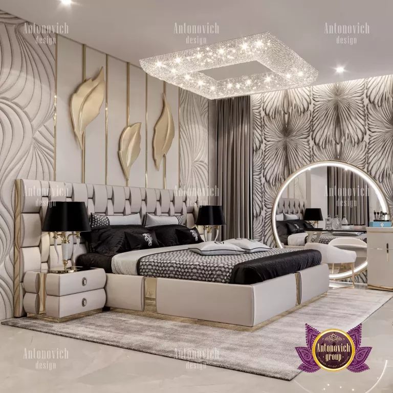 Luxurious bedroom layout with a cozy seating area and lavish furnishings