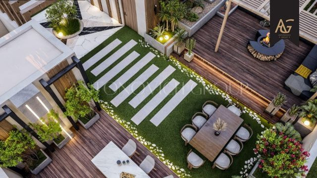 Elegant outdoor seating area in a low-maintenance Dubai garden