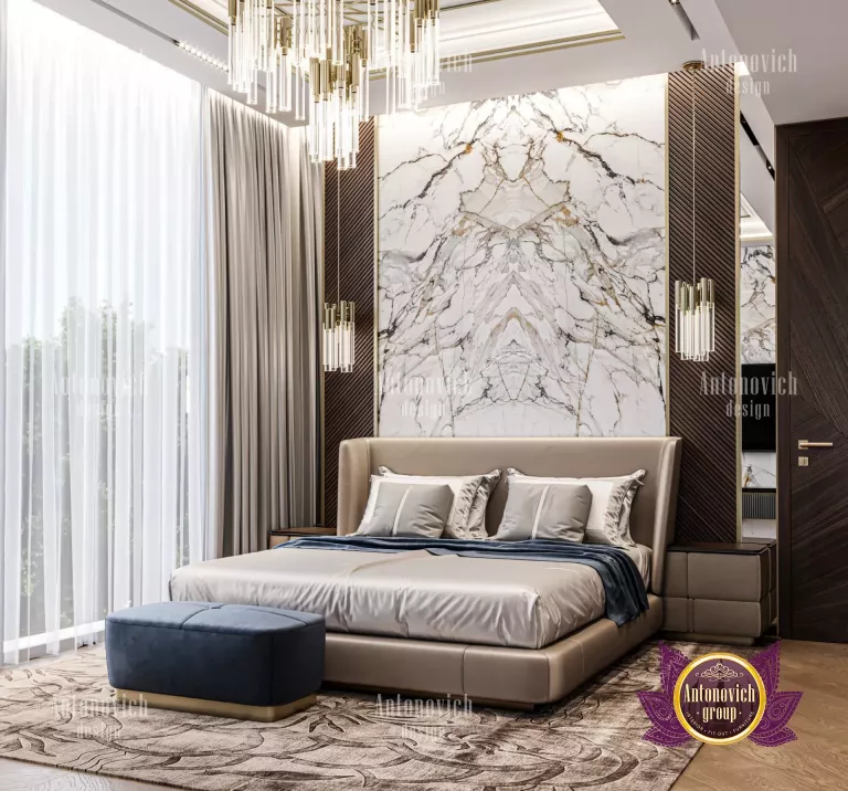 Luxurious Dubai-style bedroom featuring a stunning chandelier and rich textures