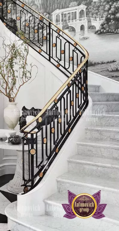 Grand double staircase in a lavish foyer