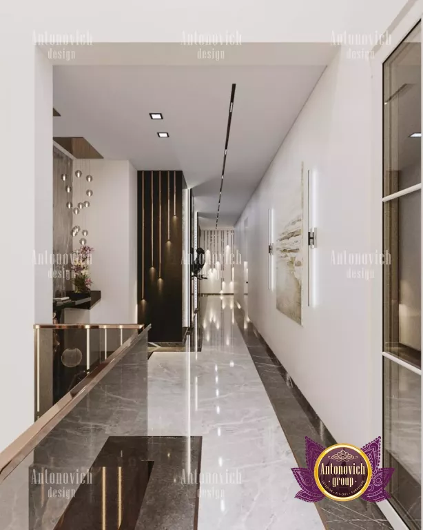 Stylish hallway featuring bold wallpaper and statement mirror