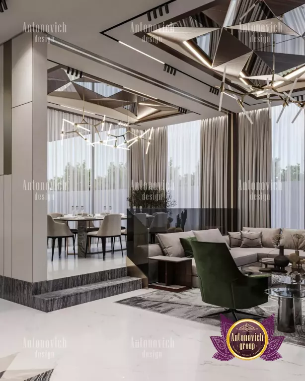 Elegant living room design featuring Dubai skyline view