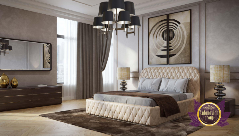 Chic contemporary bedroom with statement lighting