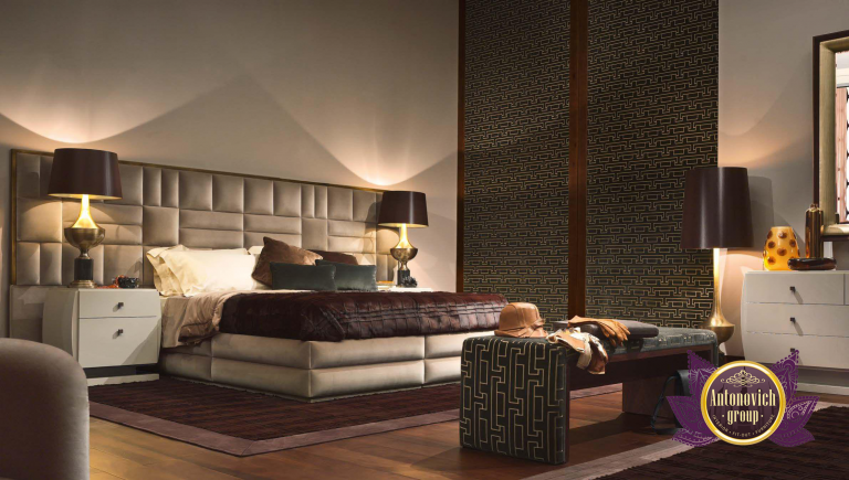 Elegant modern bedroom with luxurious bedding and stylish decor