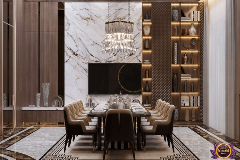 Spacious dining area with contemporary furniture and statement lighting