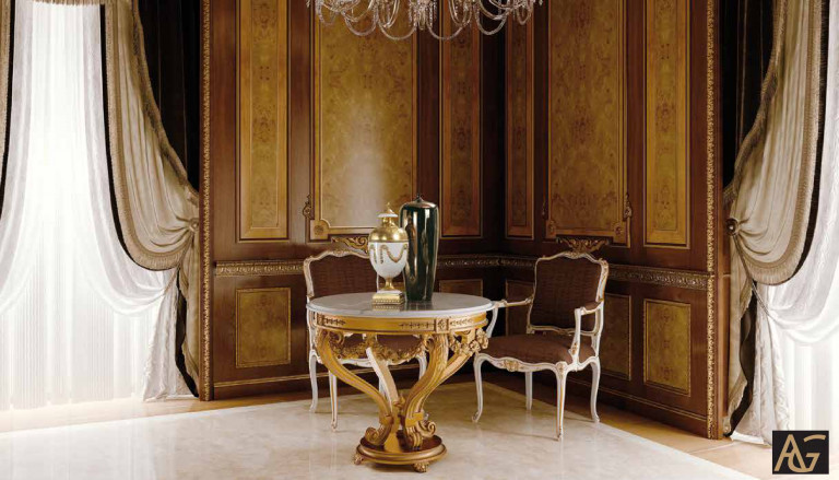 Luxurious dining room with ornate table and chairs