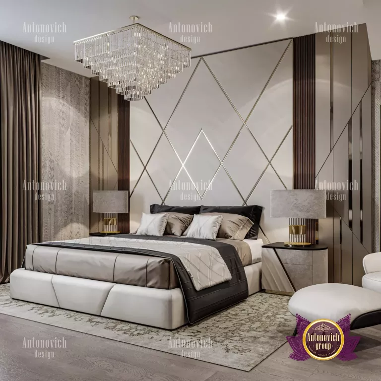Stunning luxury bedroom featuring a statement chandelier