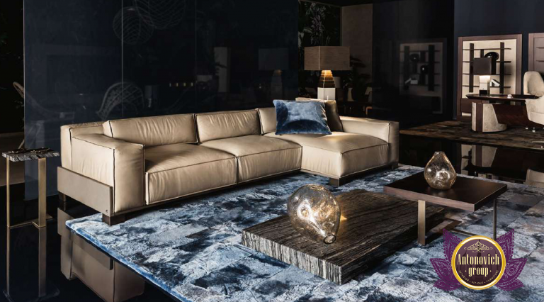 Stylish living room with a sleek marble coffee table and designer lighting