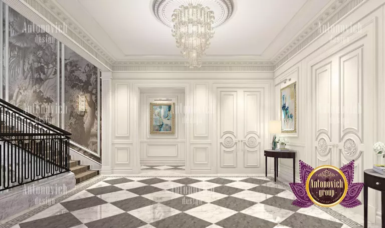 Luxurious hallway with opulent wall paneling and plush carpeting