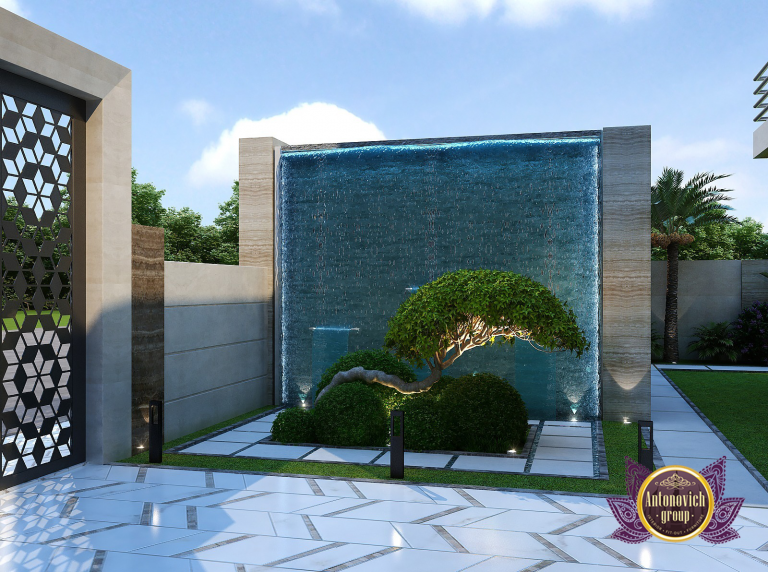 Exquisite outdoor pool area in a Dubai luxury villa by Antonovich Group