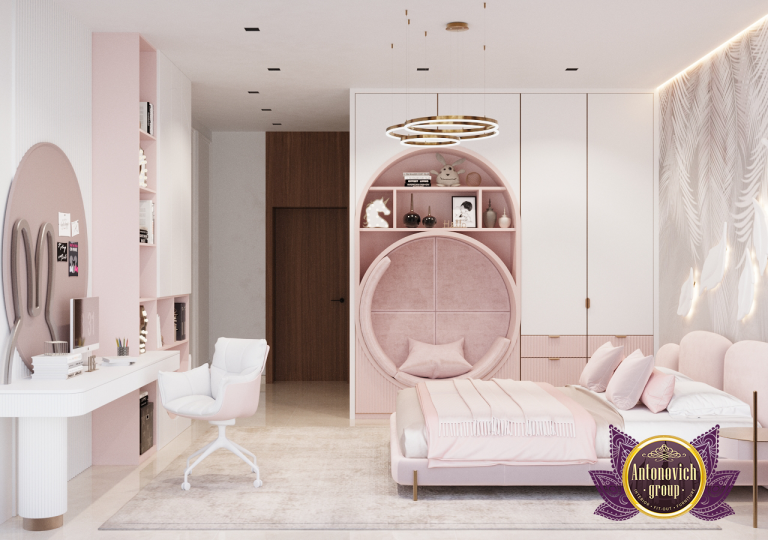 Elegant pink and gold accents in a sophisticated kid's room