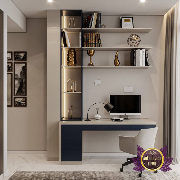 Elegant luxury bedroom with a stylish study area