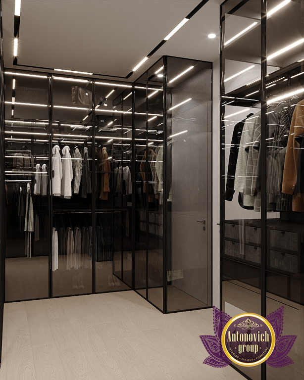 Luxurious men's closet with custom cabinetry and designer accessories