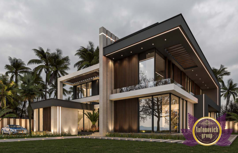Luxurious modern villa facade with lush landscaping