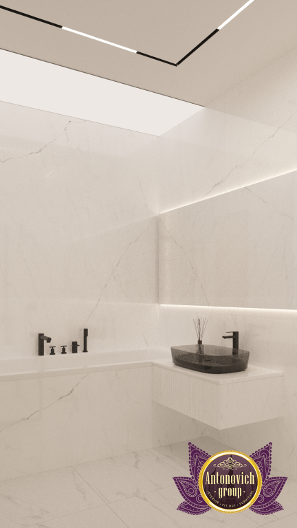 Sleek minimalist bathroom with marble countertops in Abu Dhabi