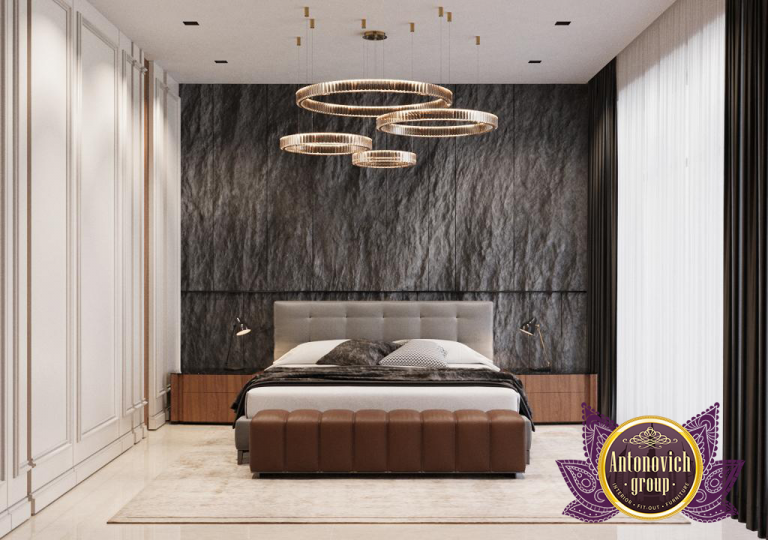 Stylish modern bedroom with eye-catching artwork and statement pieces