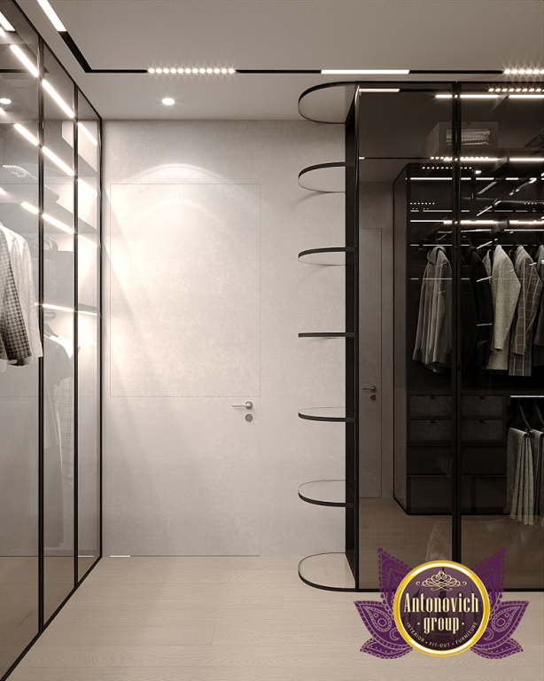 Stunning men's walk-in closet with sleek design and ample storage