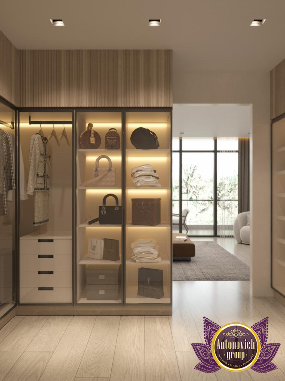 Spacious and organized luxury closet with seating area