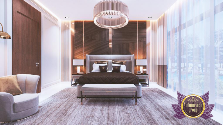 Exquisite artwork and statement lighting in a high-end bedroom