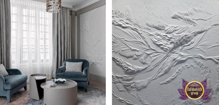 Intricate embossed wall art enhancing a bedroom's aesthetic