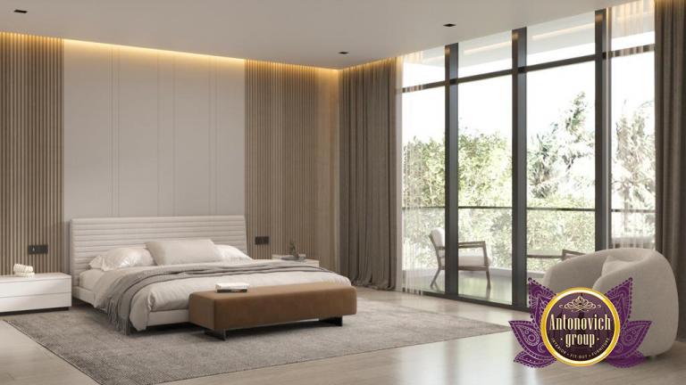 Elegant minimalist bedroom with neutral tones and luxurious textures