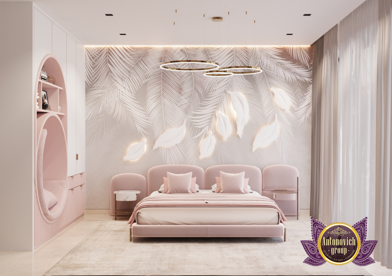 Chic pink bedroom with stylish furniture and decor for children