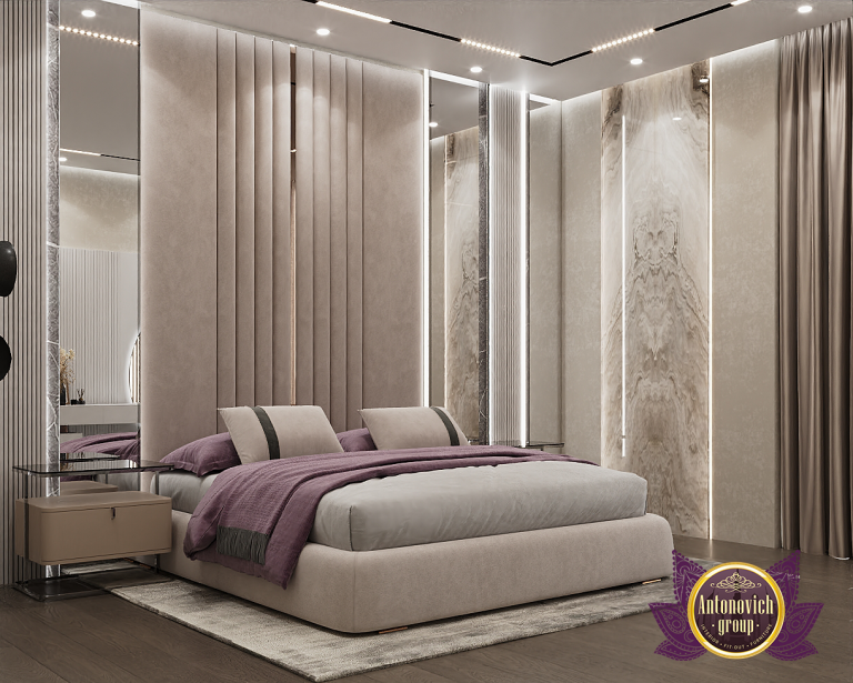 Elegant bedroom with plush bedding and soft lighting