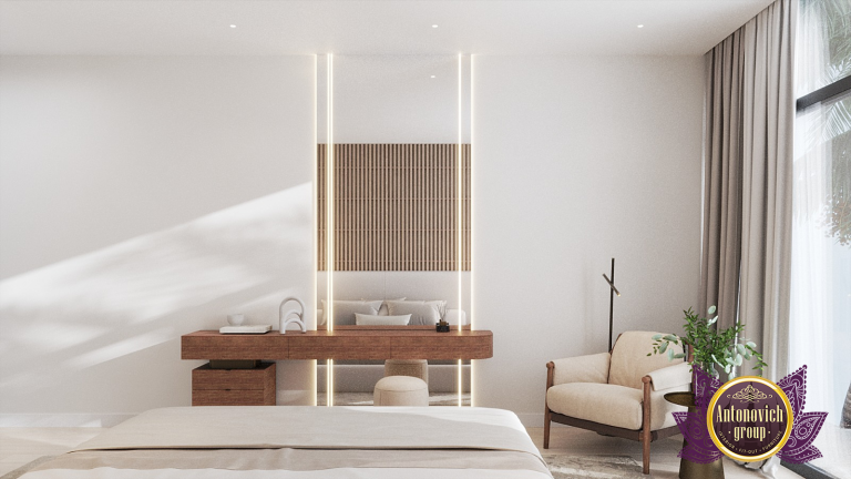 Elegant Abu Dhabi bedroom with stunning chandelier and plush bedding