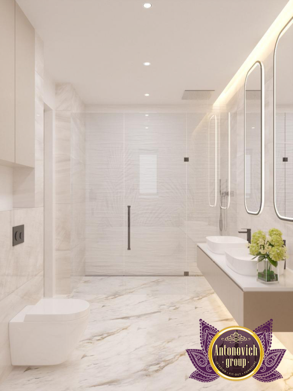 Stylish marble countertop with high-end bathroom fixtures