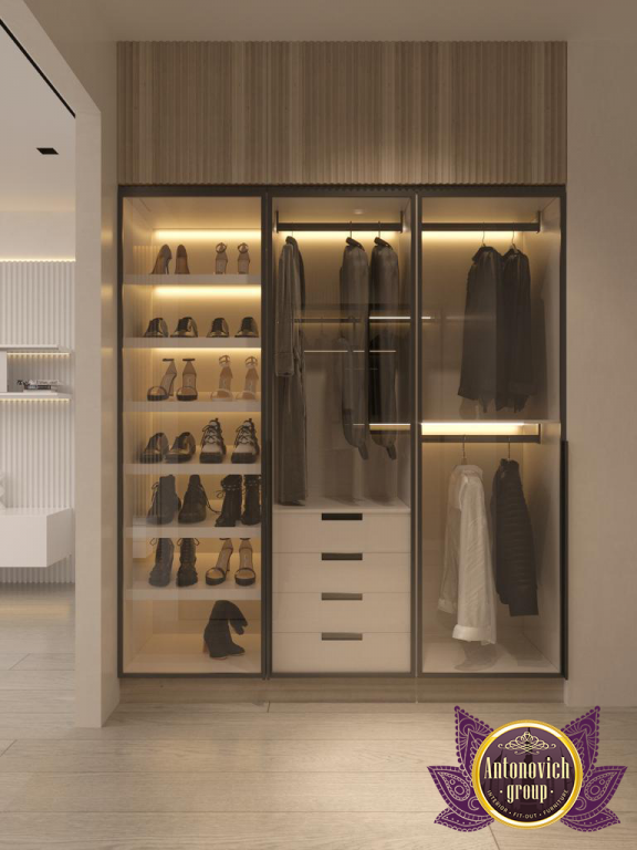 Custom-built luxury closet with glass display cases